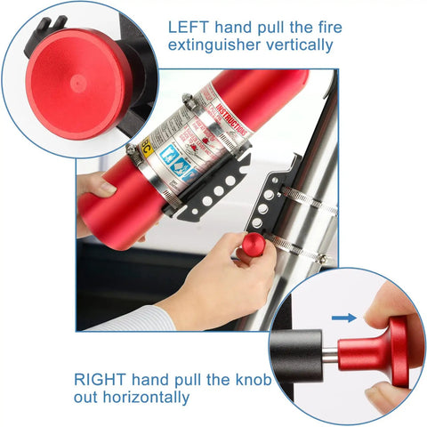 Quick Release Fire Extinguisher Holder Mount Bracket For Wrangler And UTVs showing hands operating mount on roll bar.