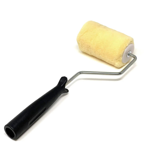 Six Piece Pro Grade 4 Inch Shedless Roller Covers With Roller Frame Kit Lint Free Three Eighth Inch Nap Heavy Duty Zinc Plated Frame Soft Grip Handle Ideal For Smooth Professional Home Painting - single roller and handle displayed