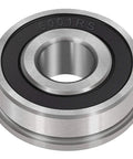 10 Pack Flanged Ball Bearings 1/2 Inch Bore, 1-1/8 Inch OD, 1/2 Inch Wide, Double Seal Deep Groove, Heavy Duty, Quiet Run For Lawn Mowers, Wheelbarrows, Carts, And Hand Trucks Wheel Hubs. Close-up of flanged steel bearing with double seal