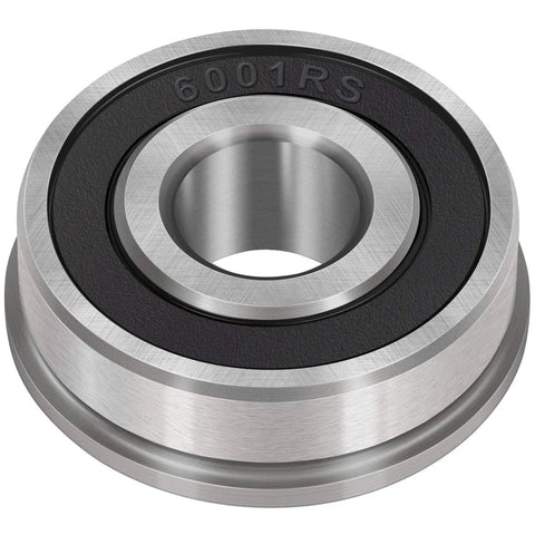 10 Pack Flanged Ball Bearings 1/2 Inch Bore, 1-1/8 Inch OD, 1/2 Inch Wide, Double Seal Deep Groove, Heavy Duty, Quiet Run For Lawn Mowers, Wheelbarrows, Carts, And Hand Trucks Wheel Hubs. Close-up of flanged steel bearing with double seal