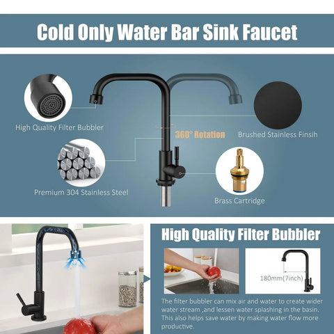 Black Cold Only Water Kitchen Faucet With Single Lever Slick Commercial Bar Tap 304 Stainless Steel overview diagram