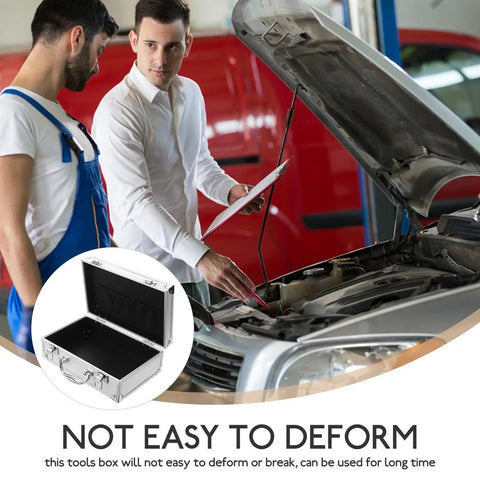 Hella Sturdy Aluminum Tool Case With Slick Carry Handle For General Hand Tools And Small Hardware Parts Sorting Organizer Badass Outdoor Storage Box being used by mechanics at a car.