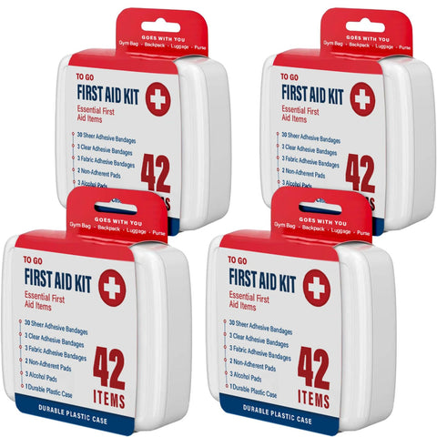 Four compact red-and-white travel-size first aid kits in durable plastic cases (42 items each).