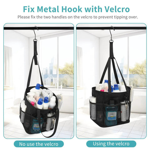 Mesh Shower Caddy Portable For Dorm Room Essentials with Velcro hook, six-pocket toiletry organizer in bathroom setting.