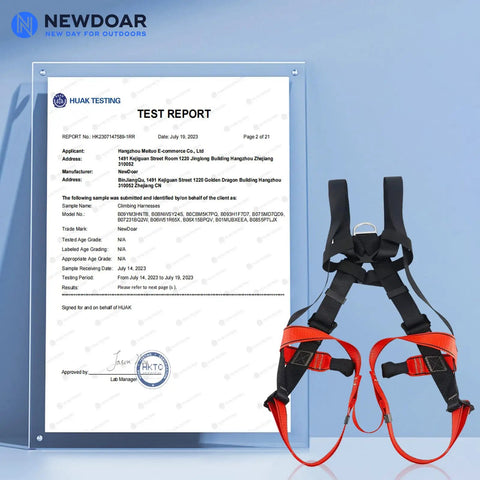 Beefy Full Body Climbing Harness EN353-1 next to CE certified test report, polyester webbing, 800 kg limit, 22 kN strength.