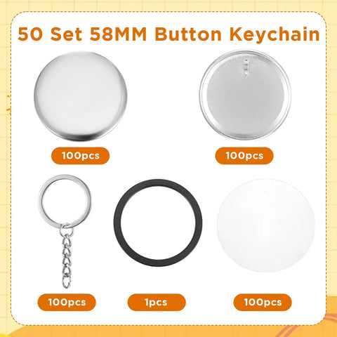 Epic 58mm Button Maker Kit for Keychains with shells, top covers, films, and chain shown, 100 pieces each, for 2.25 inch buttons