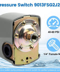 Well Pump Pressure Switch 40 To 60 Psi With Adjustable Differential And 1/4 Inch NPT Female Fittings, No Fuss Auto On Off Controller