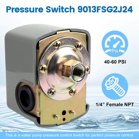 Well Pump Pressure Switch 40 To 60 Psi With Adjustable Differential And 1/4 Inch NPT Female Fittings, No Fuss Auto On Off Controller