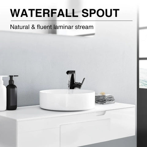 Matte Black Bathroom Faucet With Modern Waterfall Spout installed on white vanity, showcasing 360 Degree Swivel, Single Hole Deck Mount