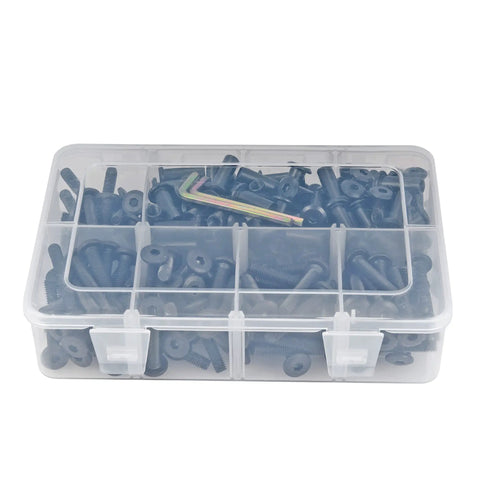 Built Different Black M6 Furniture Connector Bolts Assortment Kit in clear storage box with hex cap nuts and drive tools