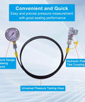 Front view of GRYVOZE hydraulic pressure test coupling kit with gauge and universal hose, G1/8 quick-connect