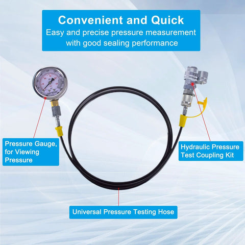 Front view of GRYVOZE hydraulic pressure test coupling kit with gauge and universal hose, G1/8 quick-connect