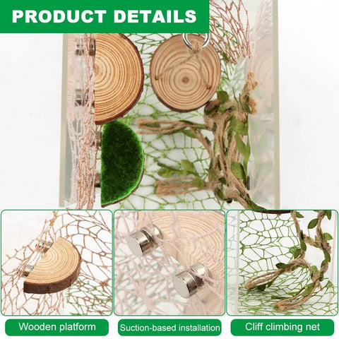 Premium Seven Piece Jumping Spider Habitat Decor Kit Featuring Natural Wood Platforms Cozy Hanging Swing Braided Hemp Rope Bridge And Glitter Webs For Compact Enclosures That Totally Slaps, showing wooden platforms and climbing net.