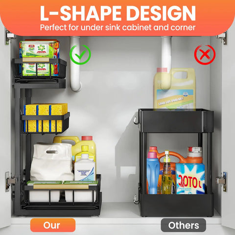 Under Sink Organizer Set, 2 Pack 3 Tier Pull Out Shelf Organizers for Cabinets and Drawers with L Shaped Design under pipes
