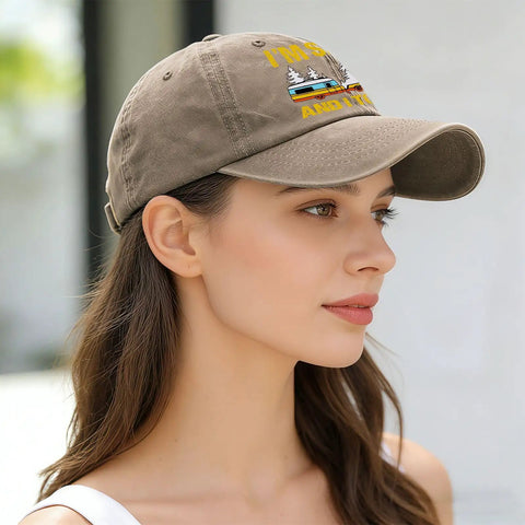 Woman wearing Funny Vintage Camping Hat For Men I Tow It Cap with adjustable strap, khaki color, side view