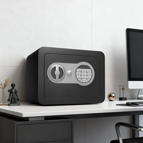 Slick Compact Home Safe Box With Coin Slot And Digital Keyboard Personal Safe For Money Cash And Documents Kids Safe Box With Sensor Light Mini Safe 0.23 Cubic Feet Black on desk next to computer