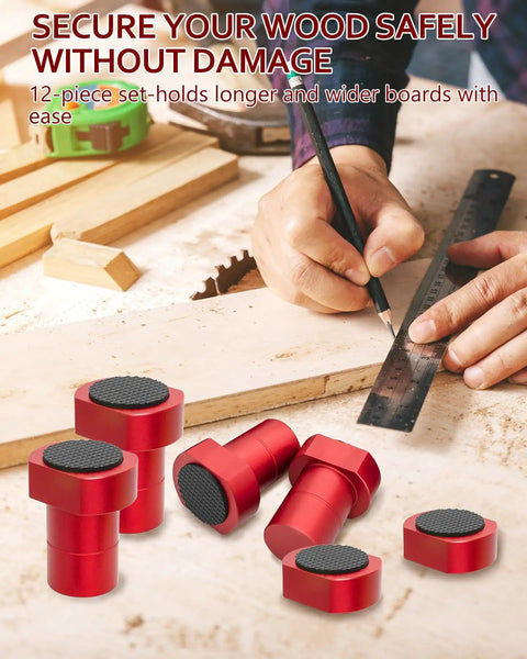 12 Pack Three Quarter Inch Bench Dogs With Non Slip Pads For Woodworking And MFT Tables shown in use on workbench