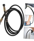 High Temperature Steam Iron Replacement Hose with Easy Install shown coiled with close-ups of versatile fittings for electric irons