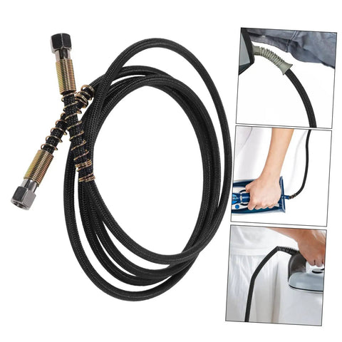 High Temperature Steam Iron Replacement Hose with Easy Install shown coiled with close-ups of versatile fittings for electric irons