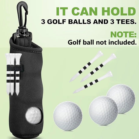 Black bag with 3 golf tees and placeholder for balls, part of All In One Golf Accessories Kit With Bag Hook Tees Towel Cleaner Brush Ball Marker Divot Tool Score Counter And Retractable Groove Cleaner Great On The Go On Course Gear For Clean Clubs And Quick Play.