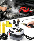 Person using 2500W High Pressure Steam Cleaner Handheld Portable Steamer for car detailing with accessories visible