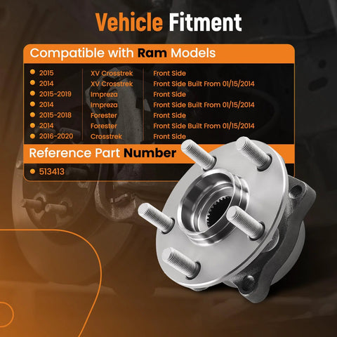 Beefy Front Wheel Bearing And Hub Assembly For Subaru Forester 2014-2018, Crosstrek 2016-2020, Impreza 2014-2019 And XV Crosstrek 2014-2015 OEM Exact Fit With OE Part Numbers 513413 HA590648 28373FL000 on display, showing fitment details and reference part number.