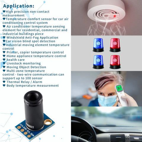 Non Contact Infrared Temperature Sensor Module MLX90614ESF DCI showcasing applications in automotive and healthcare.