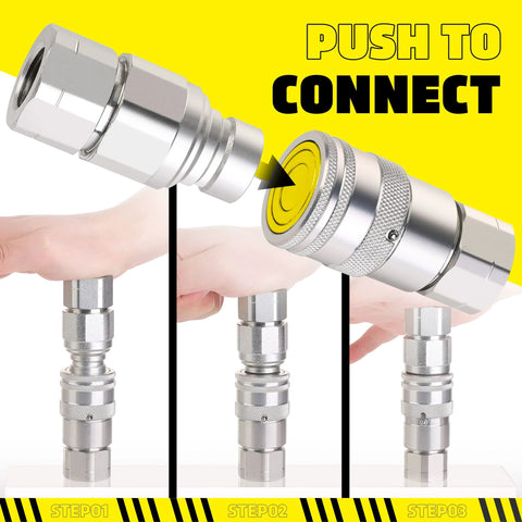 ANCIMOON 1/2 in NPT skid-steer hydraulic quick-connect fittings, Bobcat flat-face, with two dust caps (front/side views)