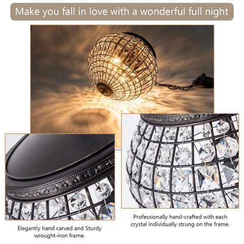 14 inch Crystal Pendant Light, 2-Light Antique Bronze Small Chandelier with hand-crafted crystals and wrought-iron frame.
