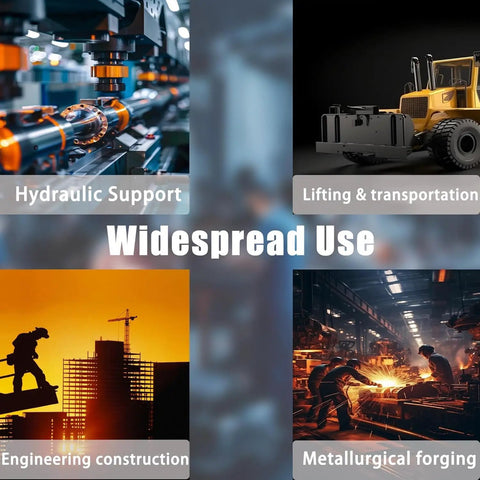 Collage showing hydraulic support, lifting and transportation, engineering construction, and metallurgical forging uses.