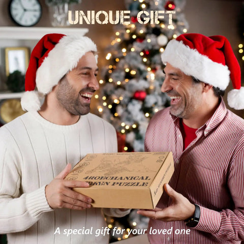 Two men in holiday attire exchanging a 3D Dragon Ship Wooden Puzzle Kit For Adults, 352-Piece Brain Teaser Hobby Model Building Set box.