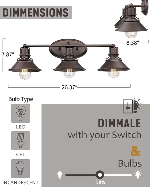 Industrial 3 Light Vanity Light In Oil Rubbed Bronze with dimensions and bulb compatibility details shown.