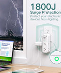 Pretty Sick 10 Port Surge Protector Wall Extender With Rotating Plug And Fast Charge USB Ports Slender Design for workspace with 1800J protection.