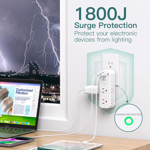 Pretty Sick 10 Port Surge Protector Wall Extender With Rotating Plug And Fast Charge USB Ports Slender Design for workspace with 1800J protection.
