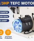 Close-up of 1/3 HP motor for Beast Of A Portable Nine Inch Woodworking Bandsaw With Cast Aluminum Worktable And Scale, 2526 FPM Benchtop Saw.