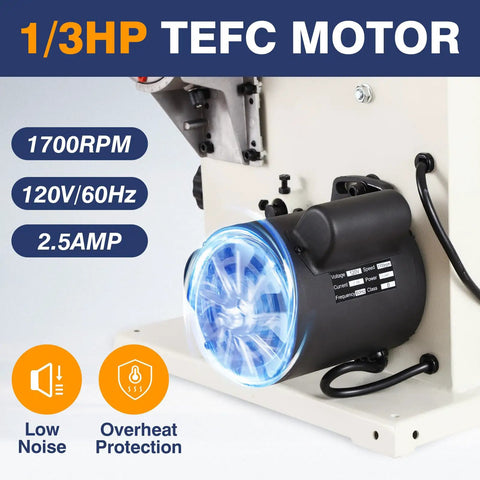Close-up of 1/3 HP motor for Beast Of A Portable Nine Inch Woodworking Bandsaw With Cast Aluminum Worktable And Scale, 2526 FPM Benchtop Saw.