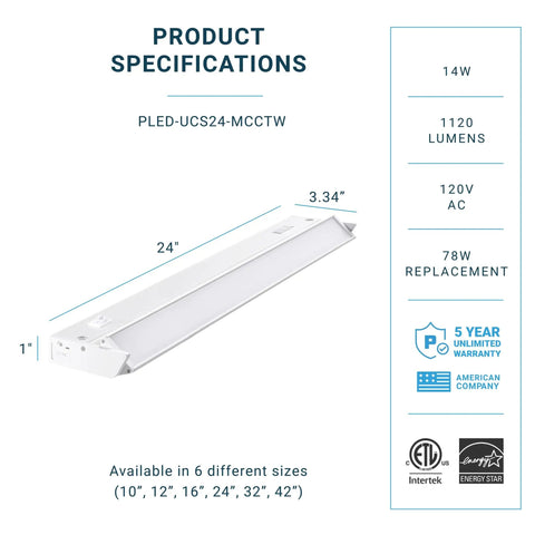 Product specifications of LED Under Cabinet Lighting With Swivel Lens 24 Inch, 14W, 5 Color Temperature Options, dimmable and linkable.