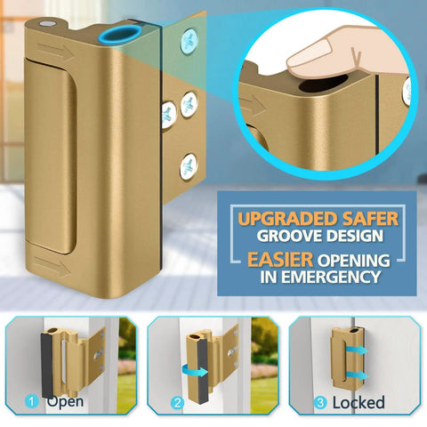 Heavy Duty Door Reinforcement Lock For Home Security, Kid Safe, Child Proof Top Front Door Latch, Inward Swing Door Lock Withstanding 800 Lbs From Inside, Anti Kick Lock, Durable Aluminum Alloy, Easy Install showing open and locked positions.