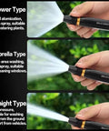 Beefy High Pressure Car Wash Water Gun With Booster Nozzle spraying water in shower, umbrella, and straight patterns.