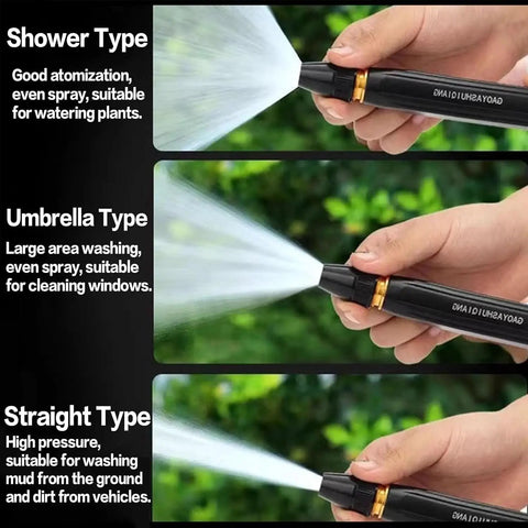 Beefy High Pressure Car Wash Water Gun With Booster Nozzle spraying water in shower, umbrella, and straight patterns.