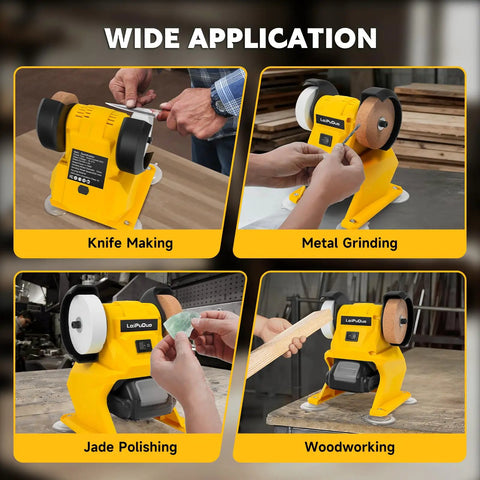 Hard Charging Cordless Mini Bench Grinder Polisher Rolling 5500 Rpm used for knife making, metal grinding, jade polishing, woodworking.