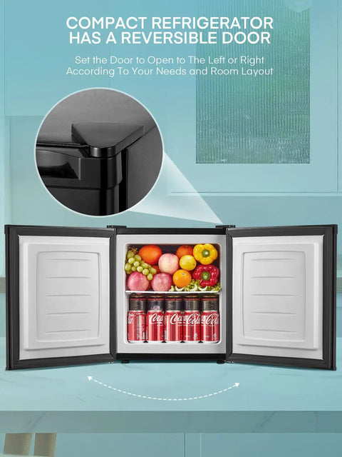 One Point One Cubic Foot Compact Countertop Mini Freezer Built For Tiny Dorm Kitchens Home Offices And Campers Hella Easy Plug And Play Real Deal Frozen Food Storage with reversible door and organized contents.