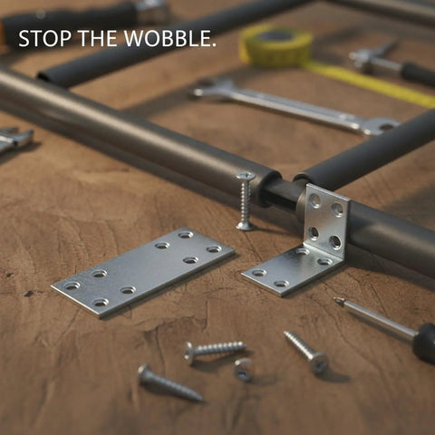 3 Inch L Shaped Metal Bed Connector Plates With Screws Corner Brackets For Frame Support Heavy Duty Steel on wood surface with tools