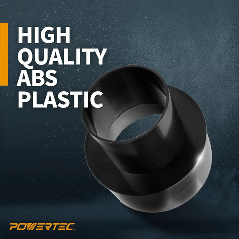 Solid Build 6 To 4 Inch Dust Collection Hose Reducer Adapter Featuring Slip On Flex Collar And Heavy Gauge Steel Clamps For Quick Job Site Tool Hookups in black ABS plastic.