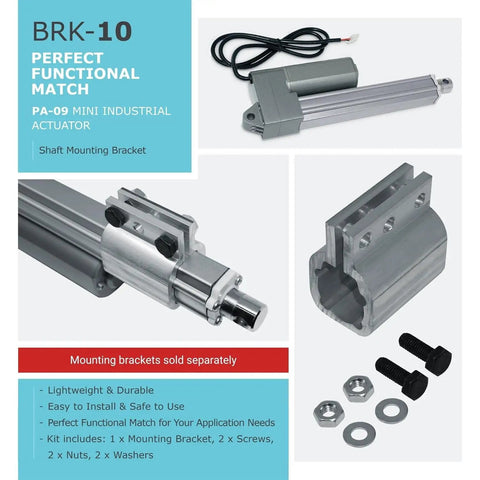 12V Industrial Linear Actuator With 10 Inch Stroke, 330 Lb Thrust, shown with brackets and hardware components