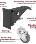 Legit Heavy Duty Retractable Caster Kit For Workbenches And Workshop Tables With Durable Urethane Wheels That Lock Down Fast. Close-up of mounting plate and pedal.