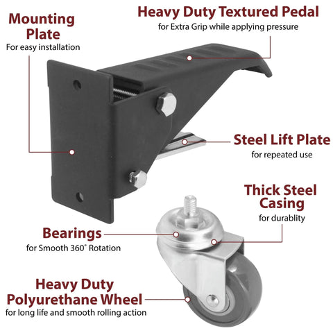 Legit Heavy Duty Retractable Caster Kit For Workbenches And Workshop Tables With Durable Urethane Wheels That Lock Down Fast. Close-up of mounting plate and pedal.