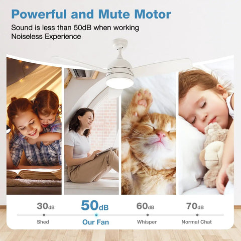 48 Inch Ceiling Fan With Light Remote Control White Finish 3 Blades Ultra Quiet Motor LED Dimmable Lighting operation discreetly