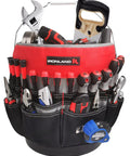Bucket Tool Organizer Caddy Fits 3.5 to 5 Gallon Buckets, 51 Pockets for Garden, Construction, Carpenter, Electrician, Welding and Builder, Red and Black Heavy Duty Tool Holder, loaded with tools.