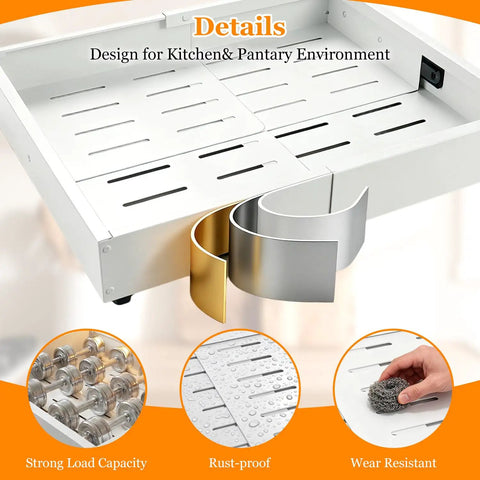 Built Tough Pull Out Cabinet Organizer For Kitchen, showing slide-out drawer design with rust-proof material and strong load capacity.